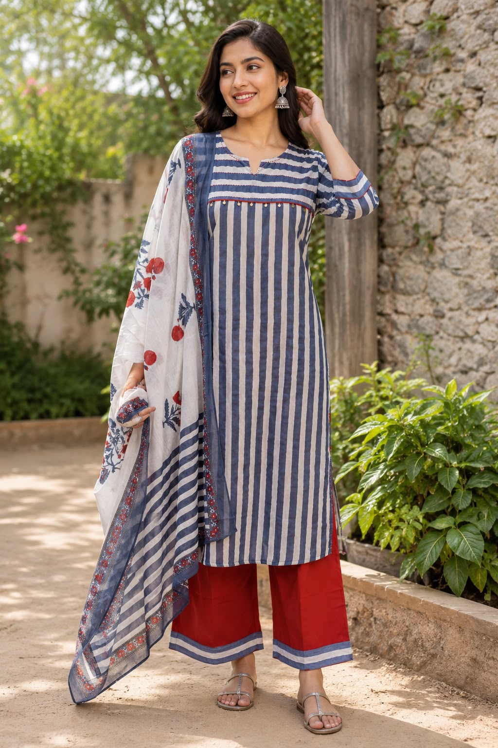 Striped Cotton Pure Cotton Long Kurta Suit Set with Floral Printed Dupatta-15174