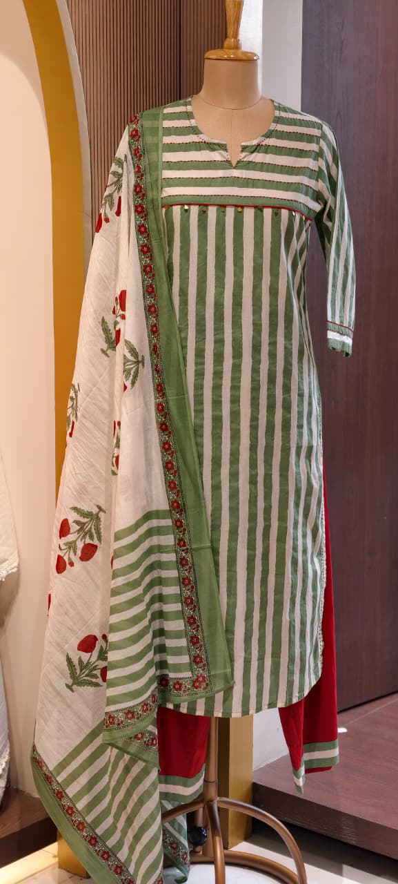 Striped Cotton Pure Cotton Long Kurta Suit Set with Floral Printed Dupatta-15174