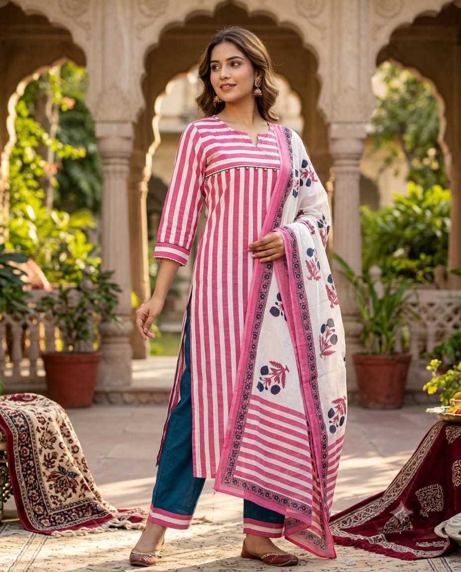 Striped Cotton Pure Cotton Long Kurta Suit Set with Floral Printed Dupatta-15174