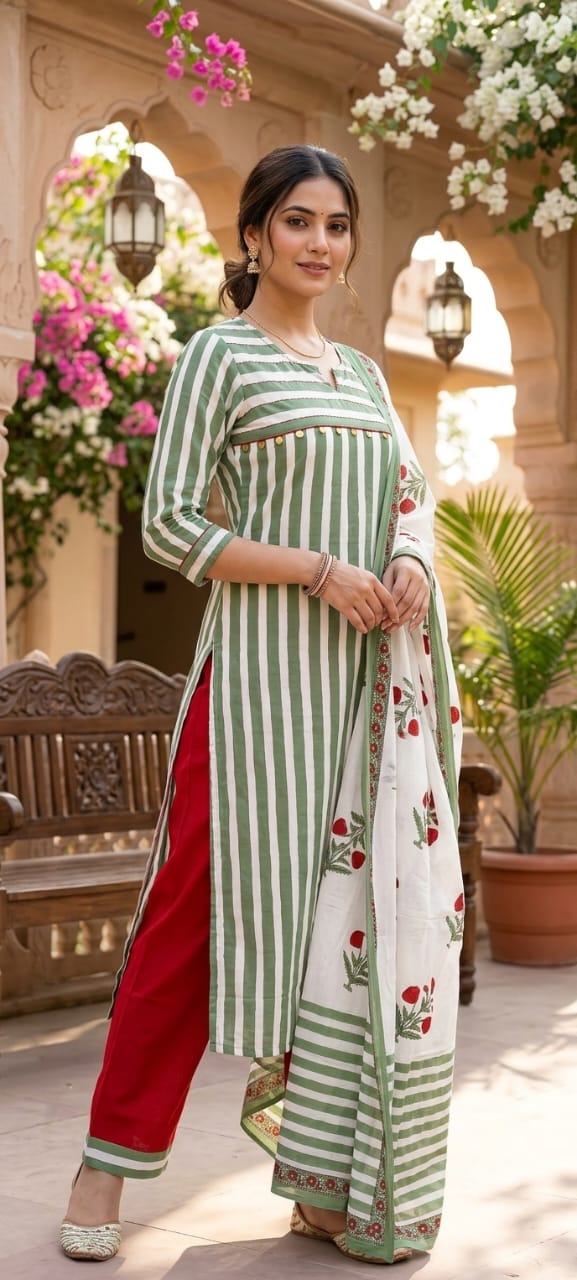 Striped Cotton Pure Cotton Long Kurta Suit Set with Floral Printed Dupatta-15174
