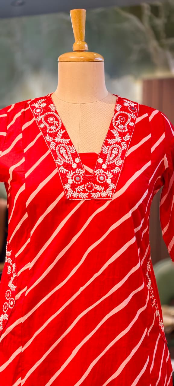 Mango Buti Thread Embroidered Neckline Leheriya Cotton A-Line Full Suit Set With Dupatta & Side Pockets-15168