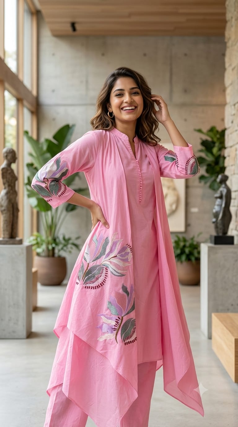 Fine Floral Embroidered High Low Jacket Style Kurta With Matching Bottom In Cotton Fabric- 15183
