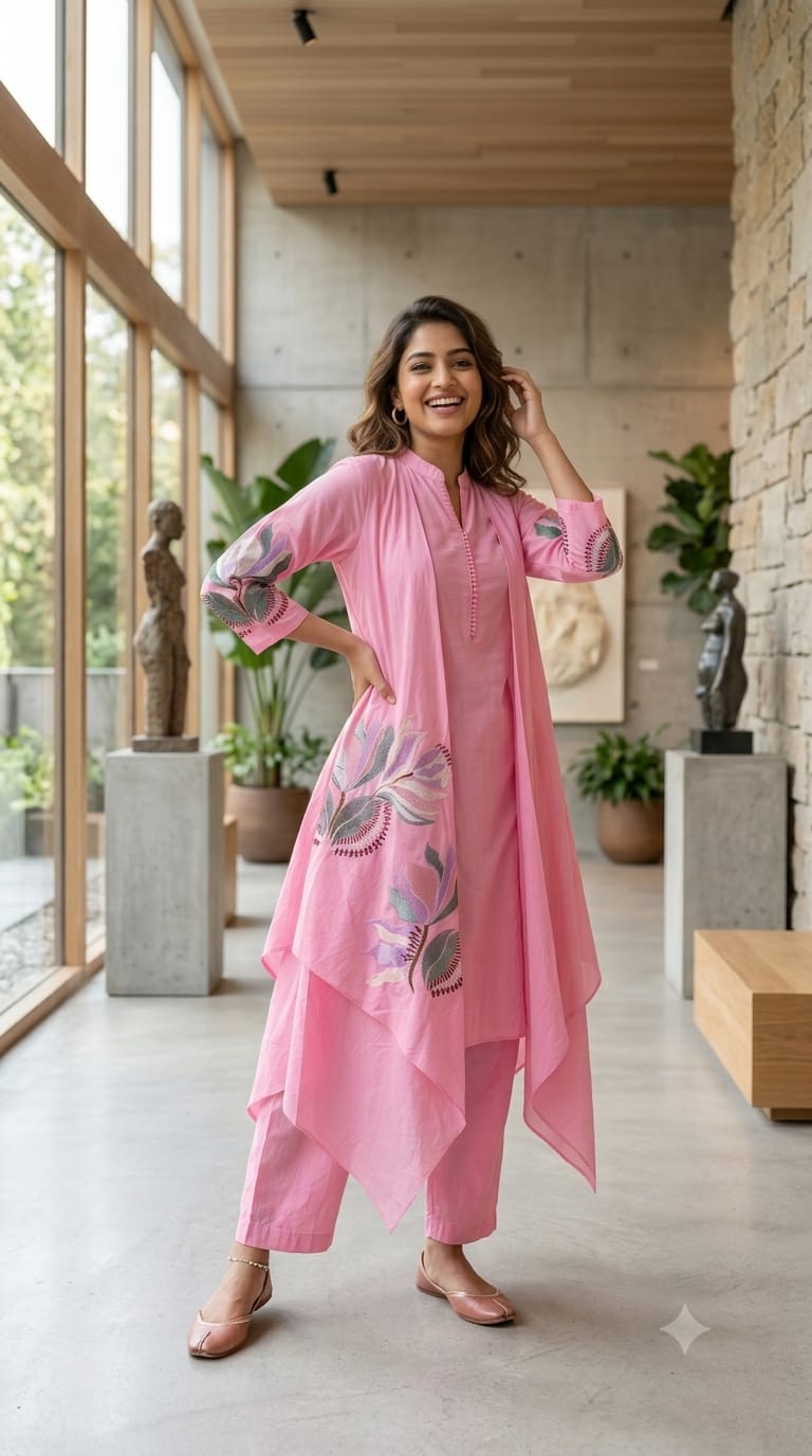Fine Floral Embroidered High Low Jacket Style Kurta With Matching Bottom In Cotton Fabric- 15183