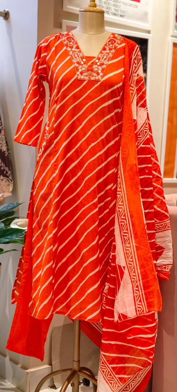 Mango Buti Thread Embroidered Neckline Leheriya Cotton A-Line Full Suit Set With Dupatta & Side Pockets-15168