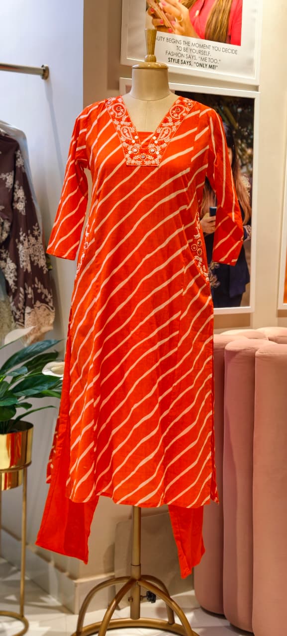 Mango Buti Thread Embroidered Neckline Leheriya Cotton A-Line Full Suit Set With Dupatta & Side Pockets-15168