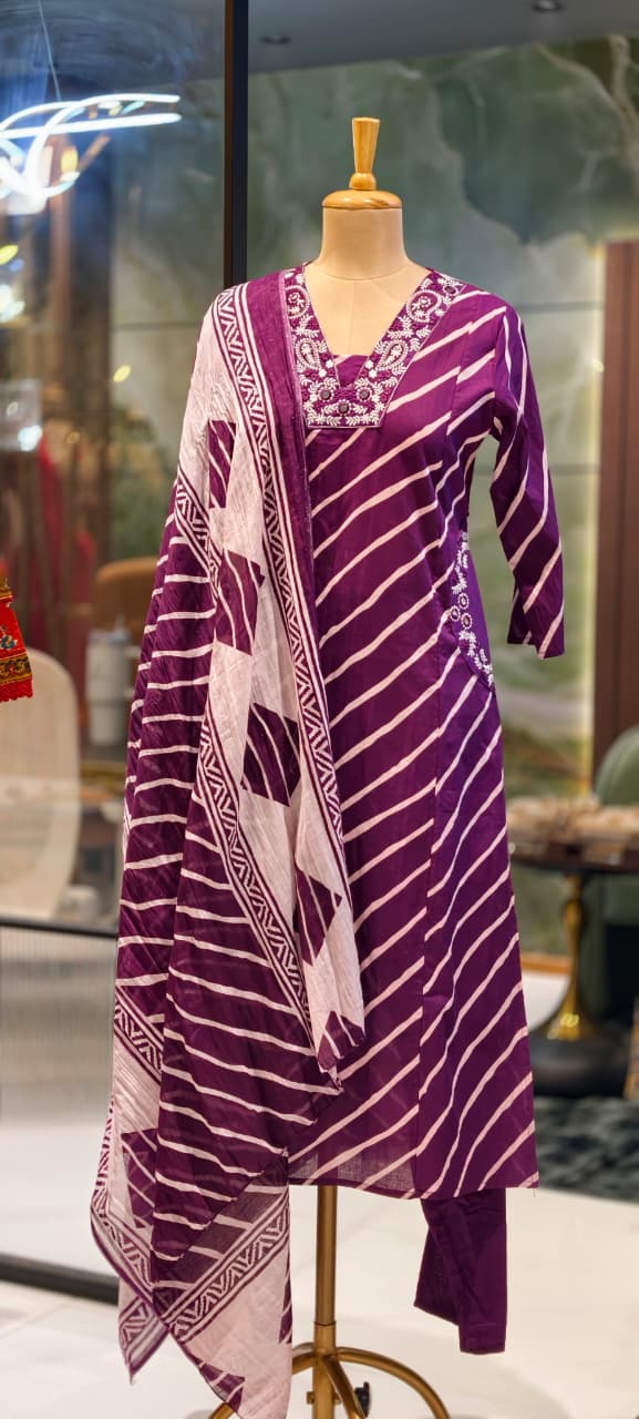 Mango Buti Thread Embroidered Neckline Leheriya Cotton A-Line Full Suit Set With Dupatta & Side Pockets-15168