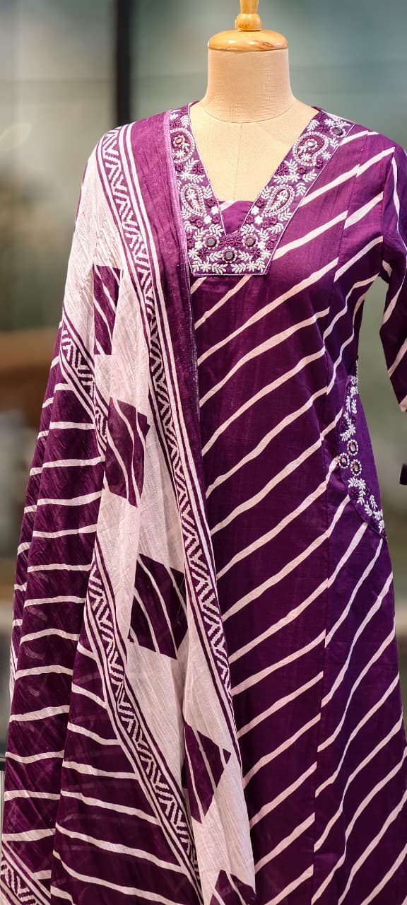 Mango Buti Thread Embroidered Neckline Leheriya Cotton A-Line Full Suit Set With Dupatta & Side Pockets-15168