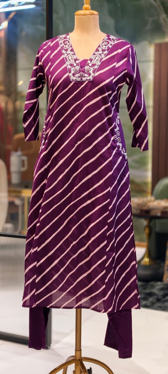 Mango Buti Thread Embroidered Neckline Leheriya Cotton A-Line Full Suit Set With Dupatta & Side Pockets-15168