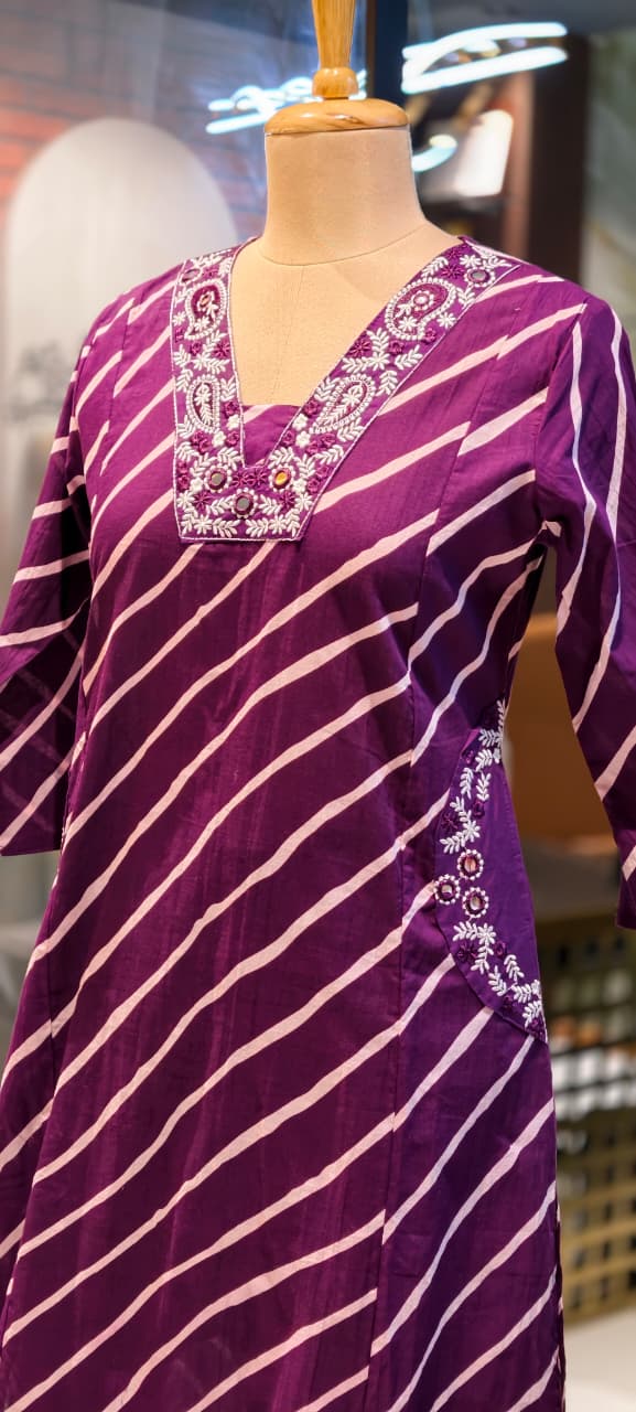 Mango Buti Thread Embroidered Neckline Leheriya Cotton A-Line Full Suit Set With Dupatta & Side Pockets-15168