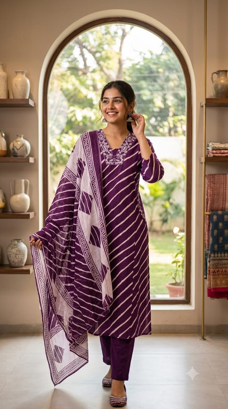 Mango Buti Thread Embroidered Neckline Leheriya Cotton A-Line Full Suit Set With Dupatta & Side Pockets-15168