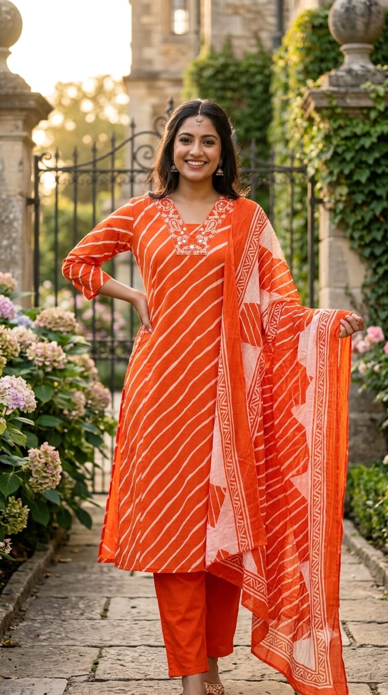 Mango Buti Thread Embroidered Neckline Leheriya Cotton A-Line Full Suit Set With Dupatta & Side Pockets-15168
