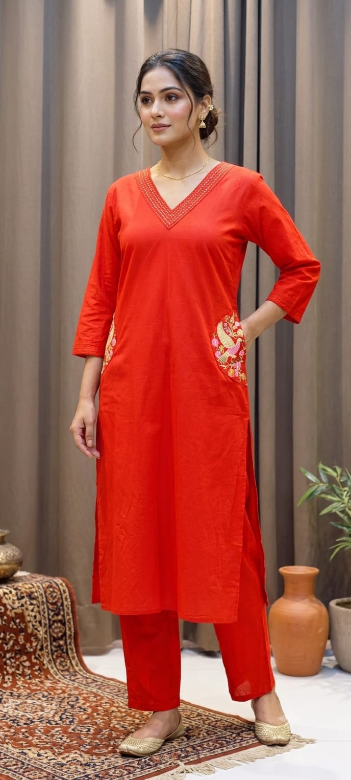 Linear Thread Neckline Embroidered Side Pockets Cotton Kurta Pant Set- 15169