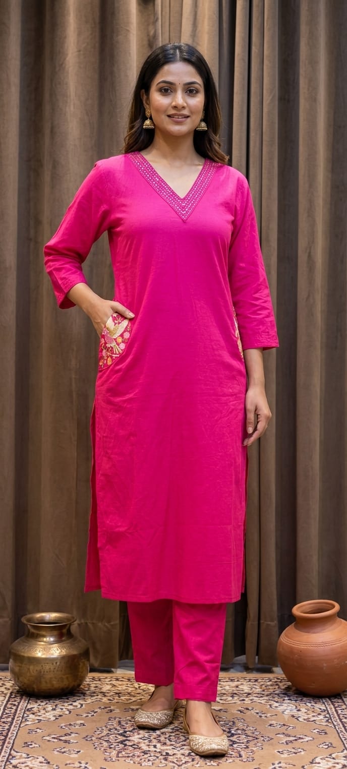Linear Thread Neckline Embroidered Side Pockets Cotton Kurta Pant Set- 15169