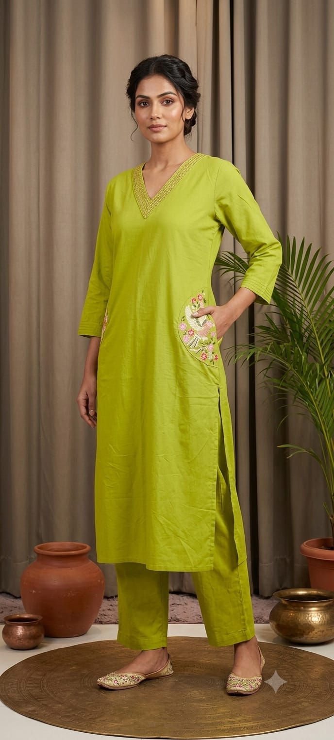 Linear Thread Neckline Embroidered Side Pockets Cotton Kurta Pant Set- 15169