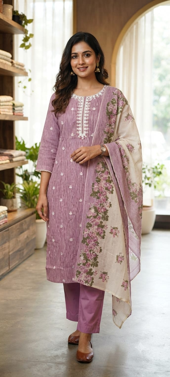 Timeless Striped Cotton Full Suit with Matching Plain Bottom and Floral Dupatta Set- 15170