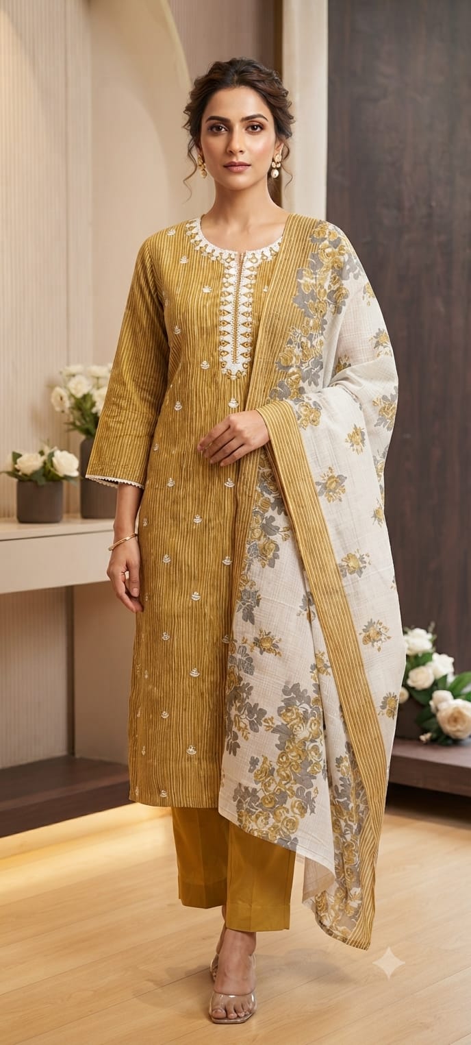 Timeless Striped Cotton Full Suit with Matching Plain Bottom and Floral Dupatta Set- 15170