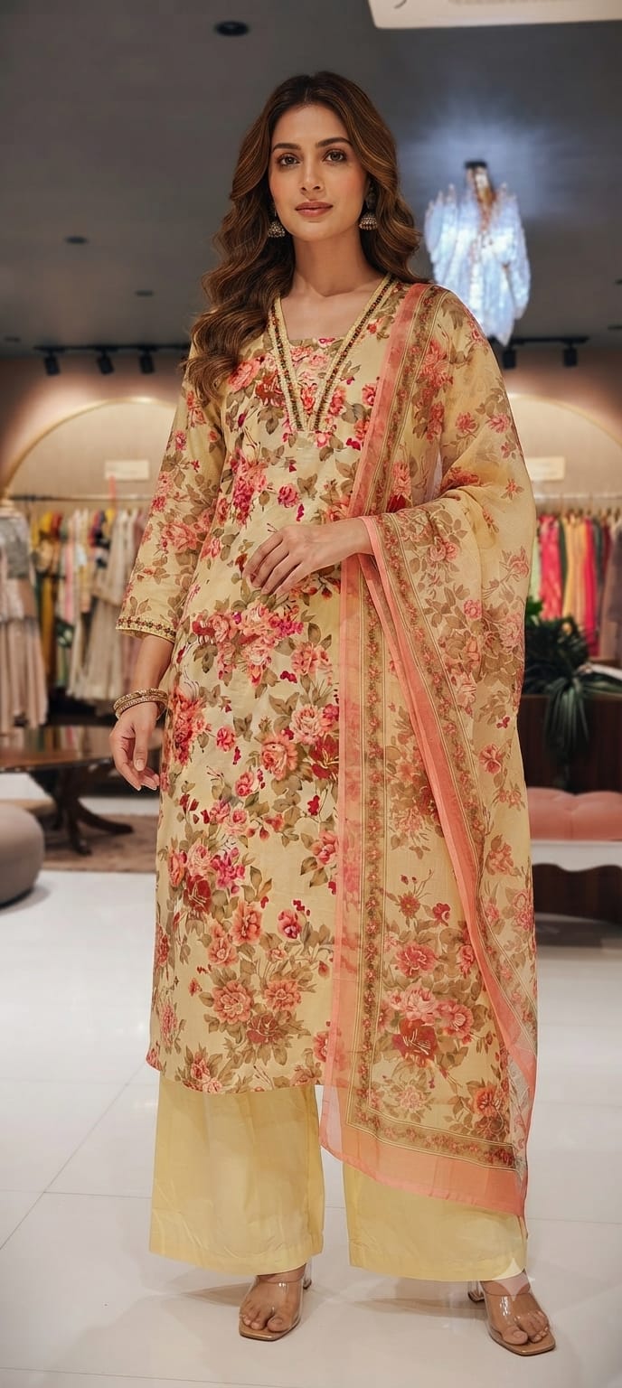 Scattered Beautiful Floral Print Summer Friendly Cotton Full Suit Set With Dupatta- 15302
