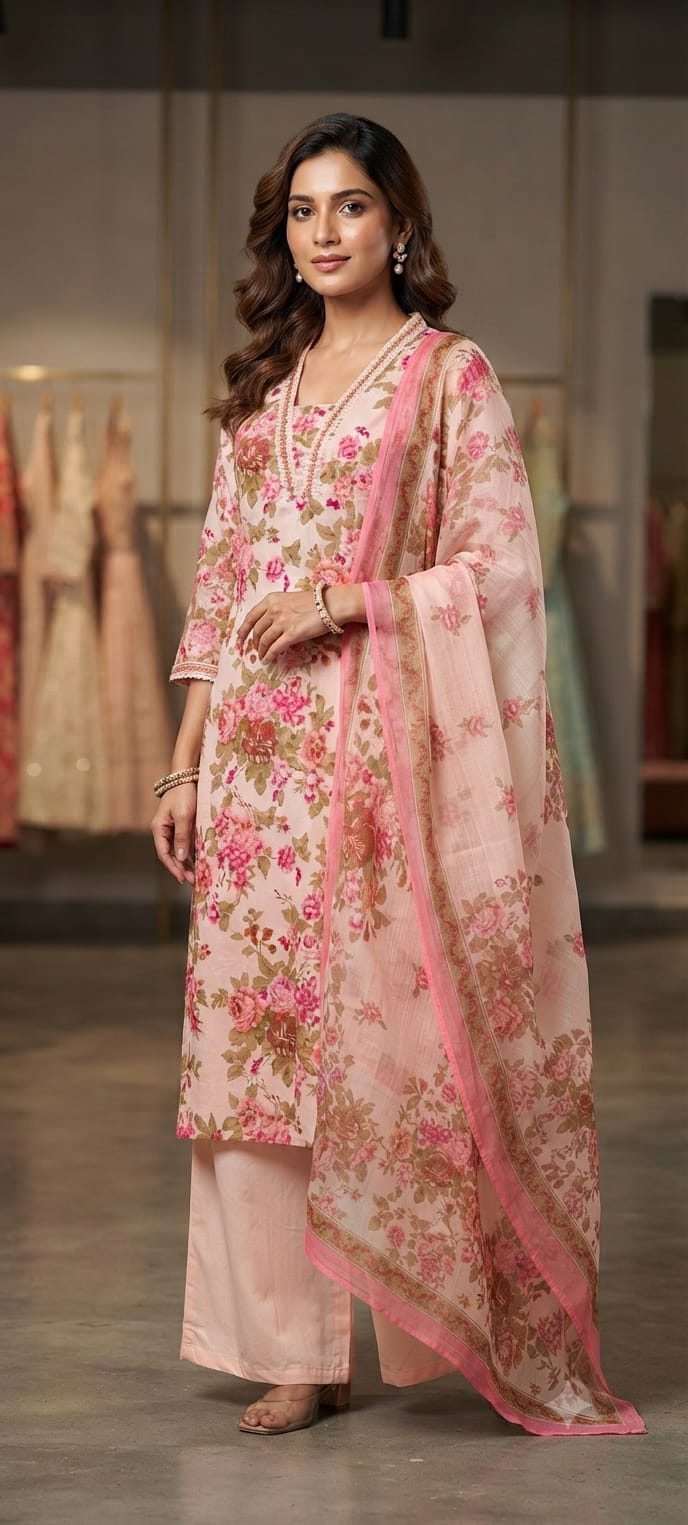 Scattered Beautiful Floral Print Summer Friendly Cotton Full Suit Set With Dupatta- 15302