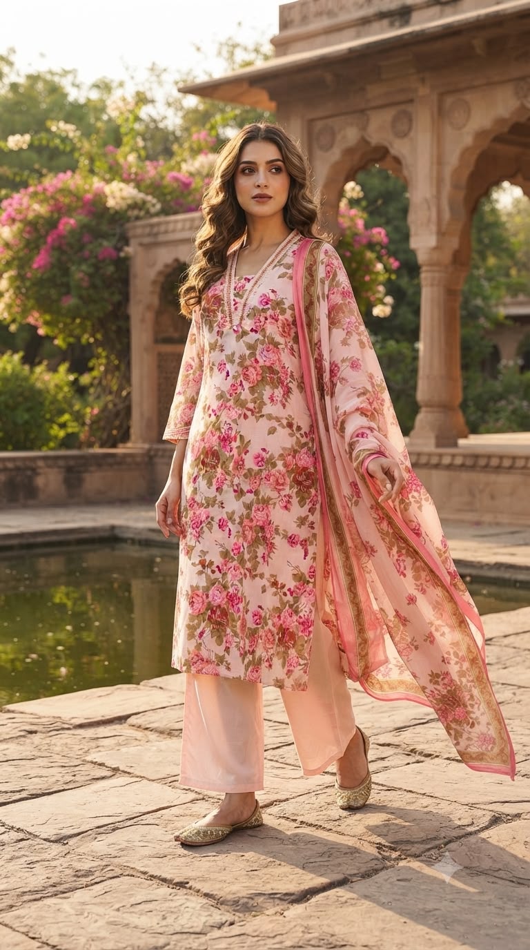 Scattered Beautiful Floral Print Summer Friendly Cotton Full Suit Set With Dupatta- 15302