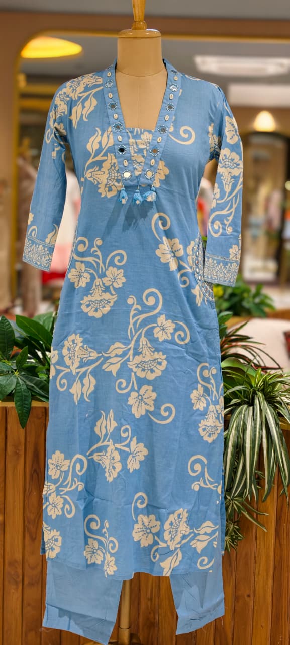 Ivory Blossom Elegance Noor Floral Printed Charm Cotton Full Suit Set With Dupatta- 15358