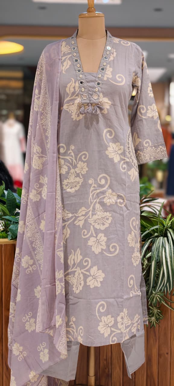 Ivory Blossom Elegance Noor Floral Printed Charm Cotton Full Suit Set With Dupatta- 15358