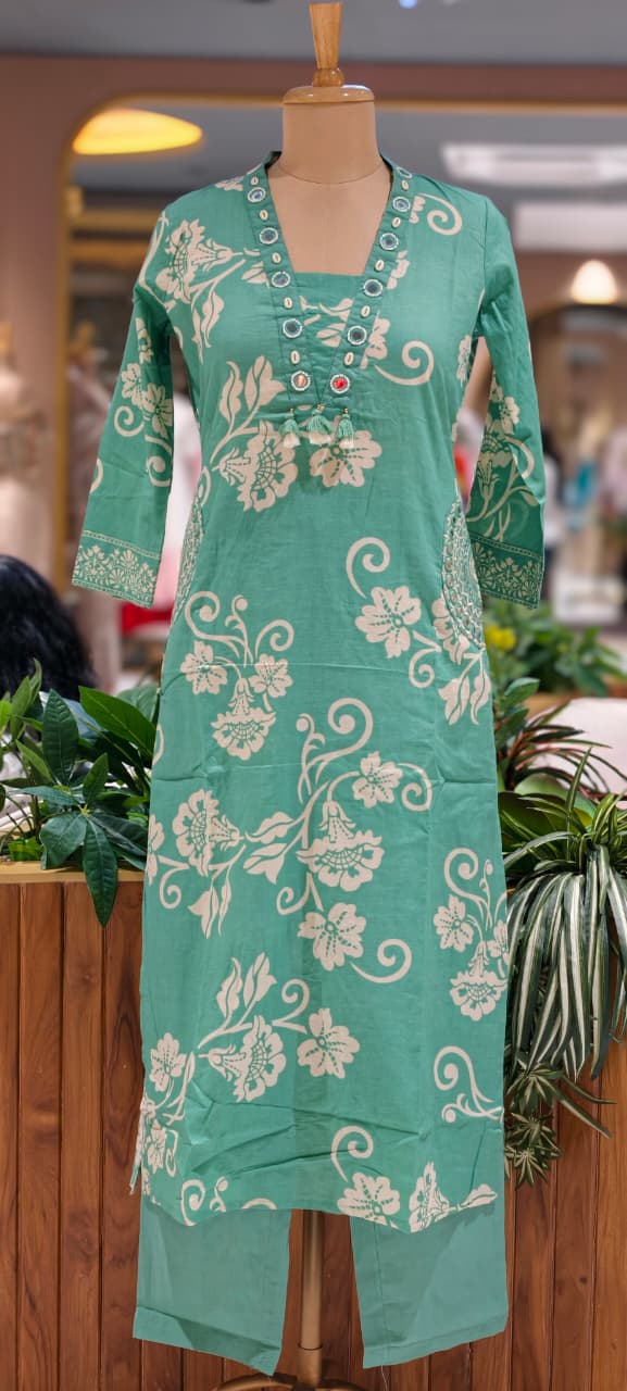 Ivory Blossom Elegance Noor Floral Printed Charm Cotton Full Suit Set With Dupatta- 15358