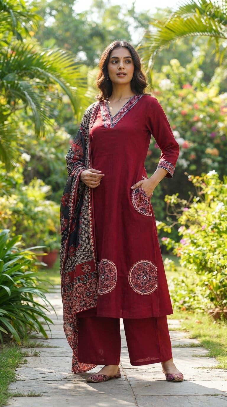 Elegant Midnight Bold V-Neck A-Line Surat Mul-Chanderi Full Suit Set with Statement Heritage Print Dupatta- 15163