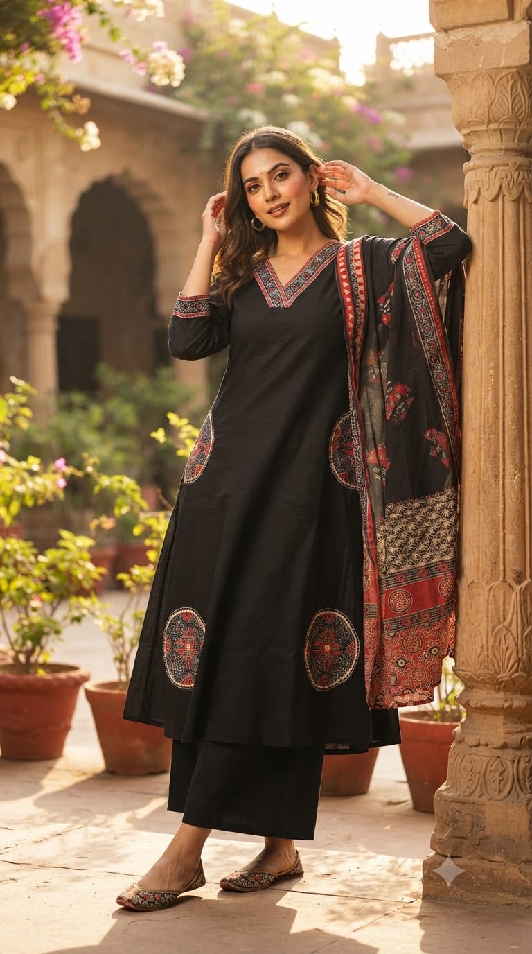 Elegant Midnight Bold V-Neck A-Line Surat Mul-Chanderi Full Suit Set with Statement Heritage Print Dupatta- 15163