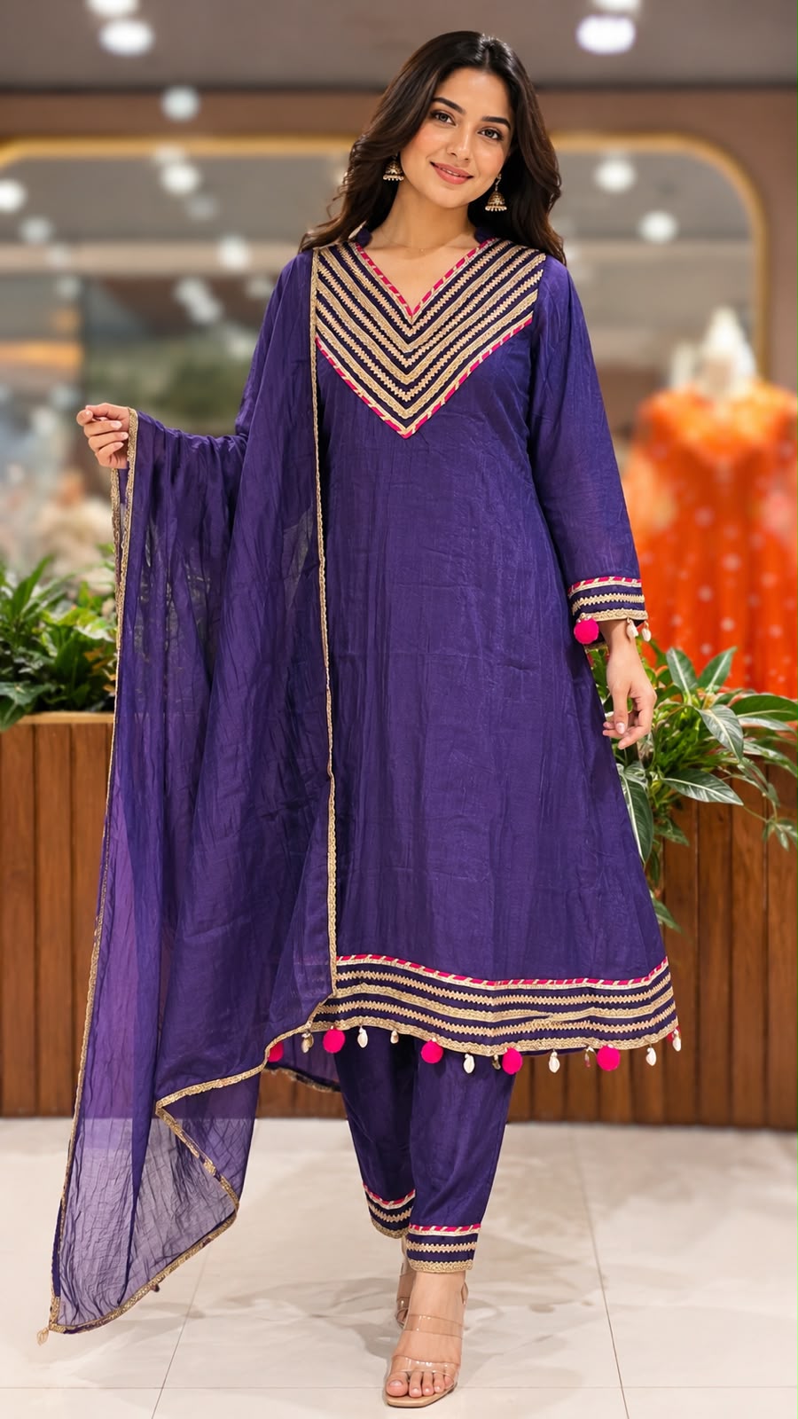 Festive Gota Patti A-Line Mul-Chanderi Full Suit Set with Scalloped Dupatta & Pom Pom Tassel- 15394