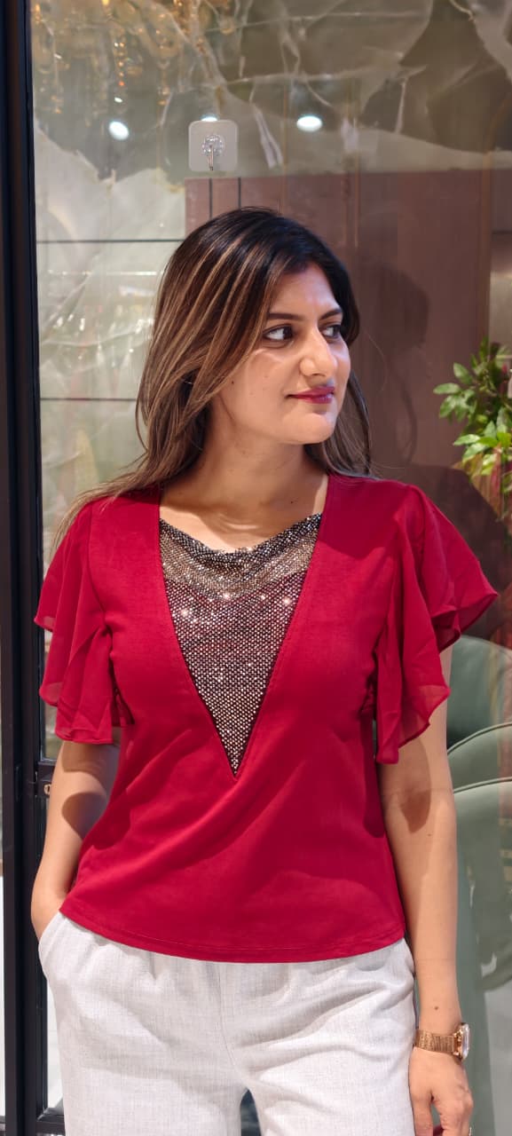 Glamour Studded V-Neck Imported Top With Flutter Sleeve- 15229
