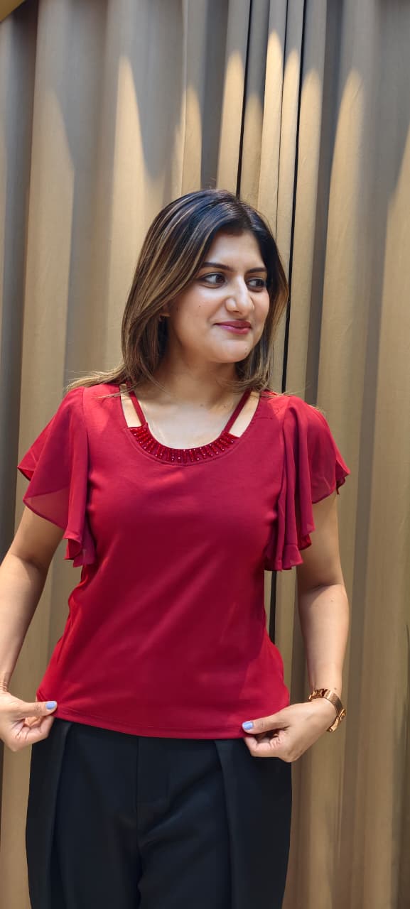 Elegant Flutter Sleeve Embellished Solid Imported Top- 15229