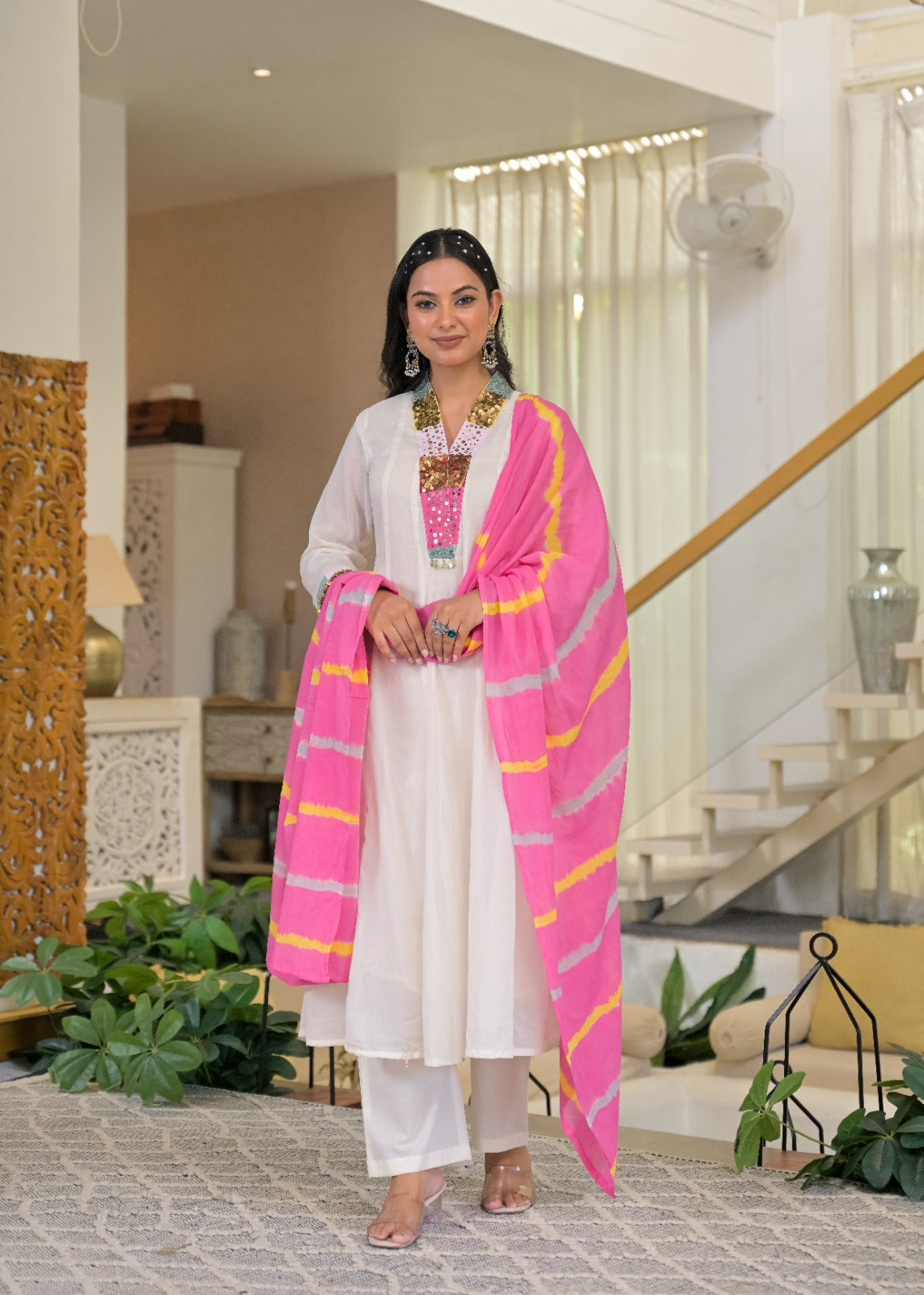 Classic Ivory White Multicolor Rajasthani Embellished V-Neck Mul-Cotton Anarkali Full Suit Set With Dupatta- 15315