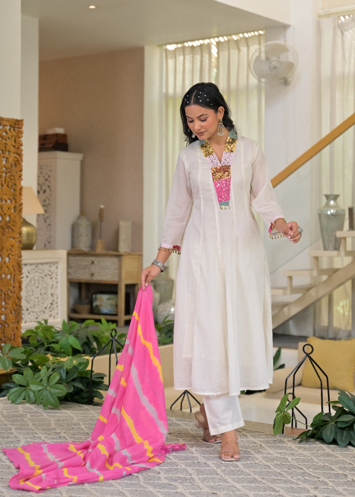 Classic Ivory White Multicolor Rajasthani Embellished V-Neck Mul-Cotton Anarkali Full Suit Set With Dupatta- 15315
