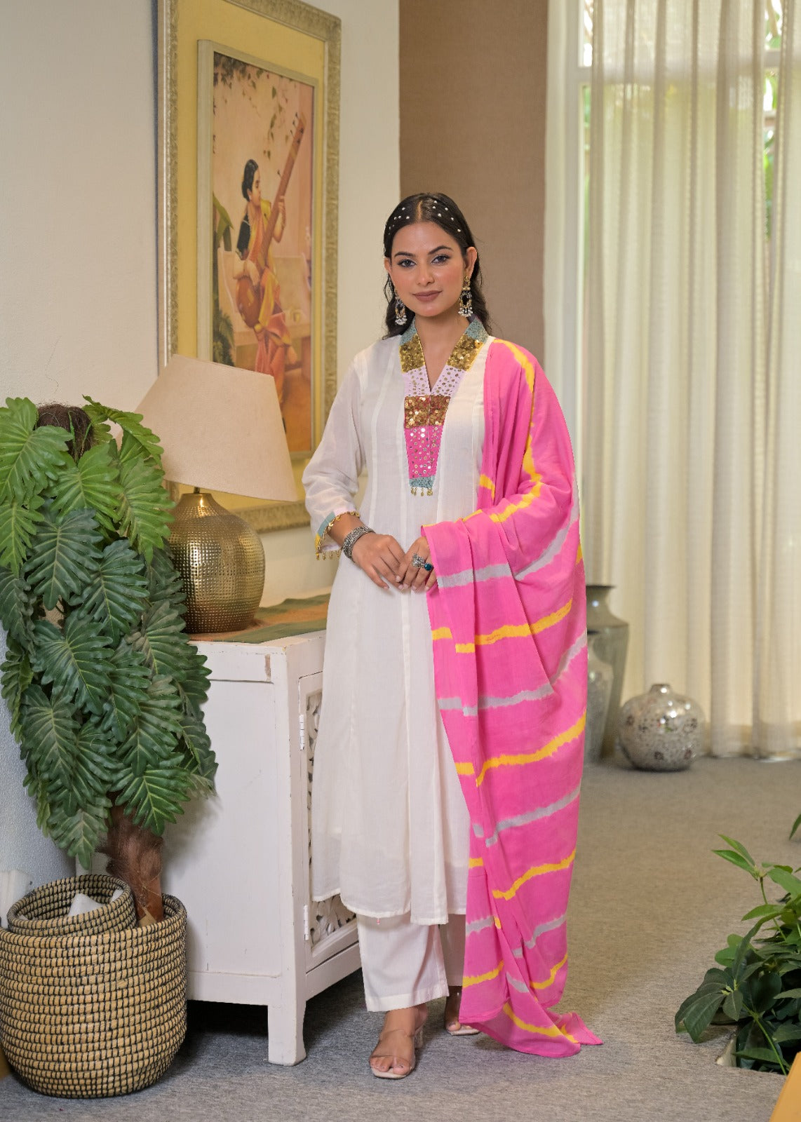 Classic Ivory White Multicolor Rajasthani Embellished V-Neck Mul-Cotton Anarkali Full Suit Set With Dupatta- 15315