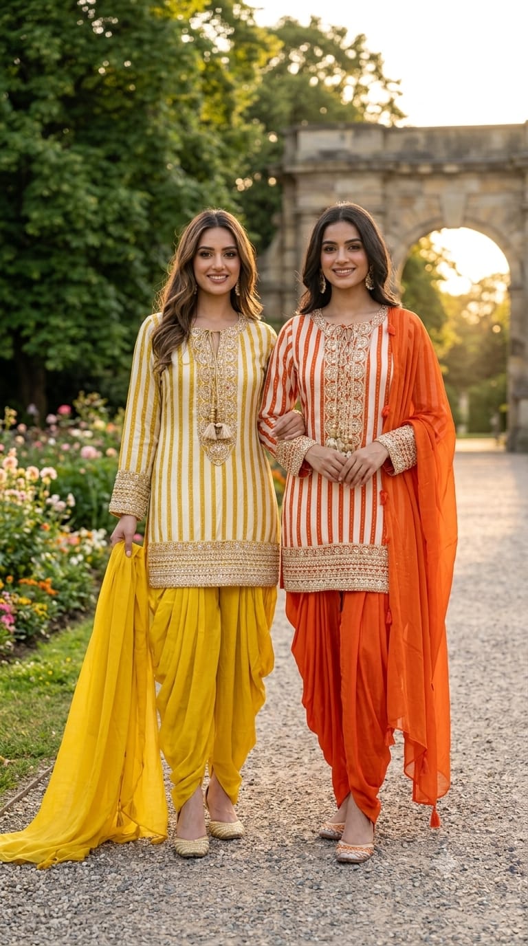 Striped Zardosi Yoke Full Suit Set with Draped Tulip Pants and Embellished Dupatta- 15306