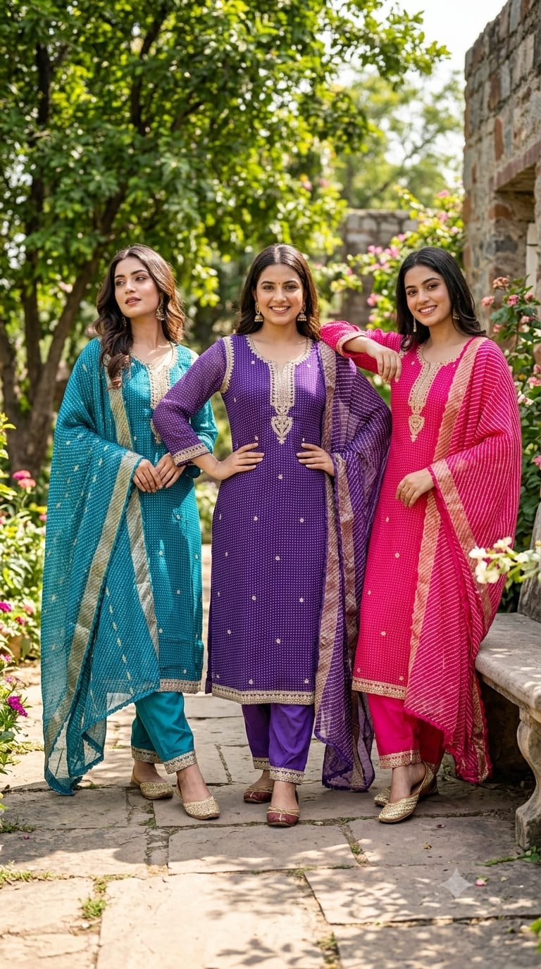 Dotted Bandhej Print Zardosi Neckline Poly Georgette Full Suit Set With Dupatta- 15331