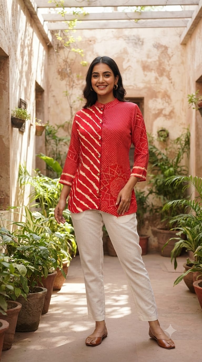 Vibrant Striped Bandhej Print Causal Wear Crepe Shirt- 15348 (Lean Fit)