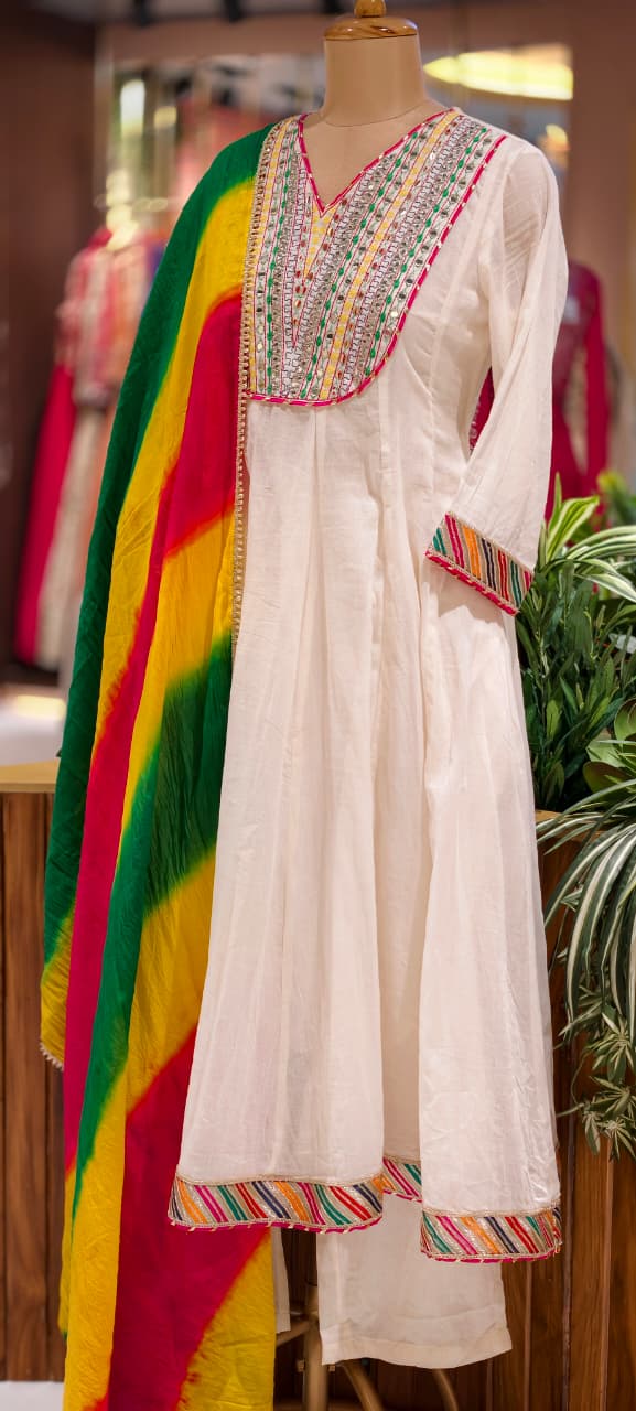 Classic Off-White Multicolor Yoke Mirror Work Ethnic Mul Cotton Panel Anarkali Full Suit Set With Dupatta- 15261