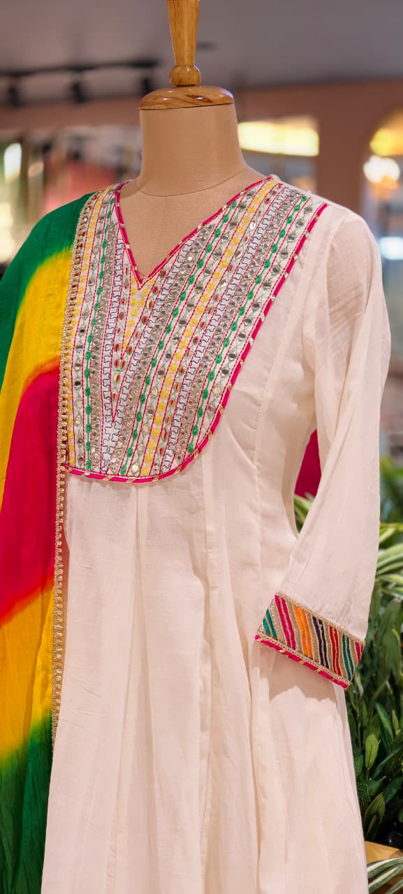 Classic Off-White Multicolor Yoke Mirror Work Ethnic Mul Cotton Panel Anarkali Full Suit Set With Dupatta- 15261