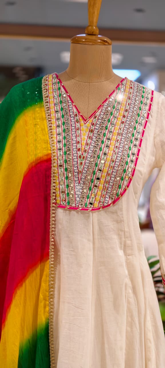 Classic Off-White Multicolor Yoke Mirror Work Ethnic Mul Cotton Panel Anarkali Full Suit Set With Dupatta- 15261