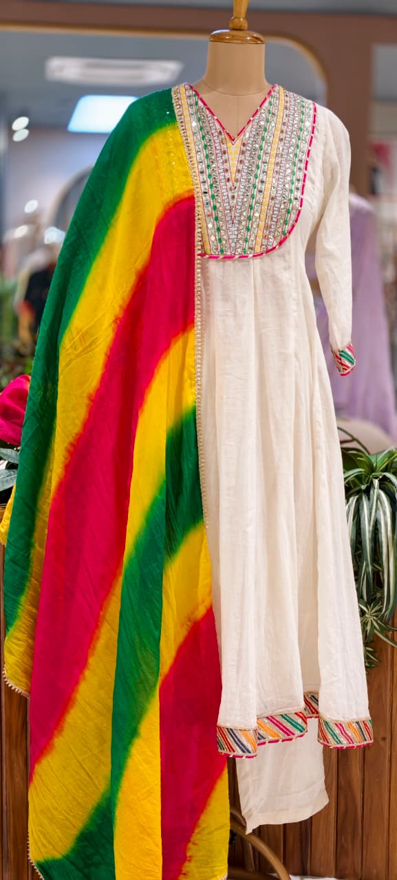 Classic Off-White Multicolor Yoke Mirror Work Ethnic Mul Cotton Panel Anarkali Full Suit Set With Dupatta- 15261