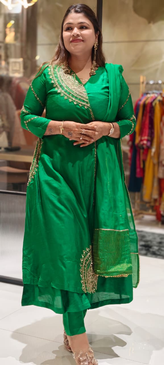 Half Phased Embroidered Angrakha Style A-Line Russian Silk Full Suit Set with Dupatta- 15324