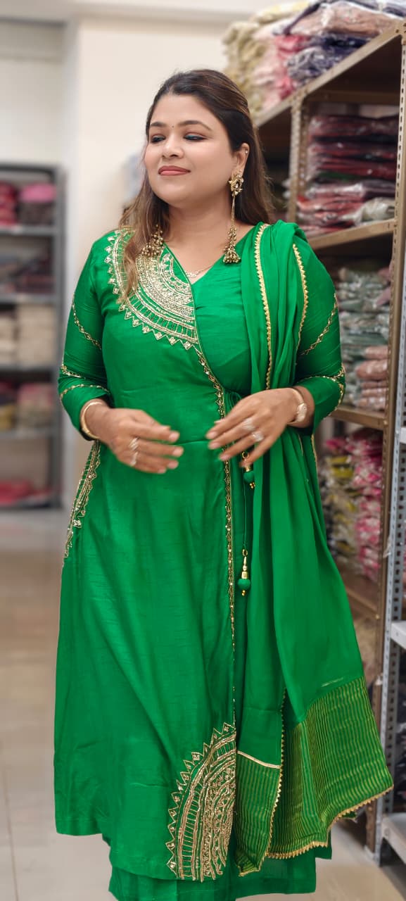Half Phased Embroidered Angrakha Style A-Line Russian Silk Full Suit Set with Dupatta- 15324