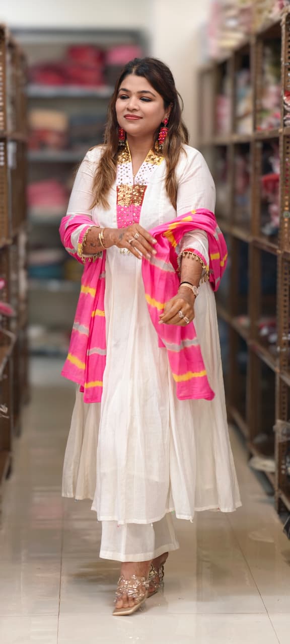 Classic Ivory White Multicolor Rajasthani Embellished V-Neck Mul-Cotton Anarkali Full Suit Set With Dupatta- 15315