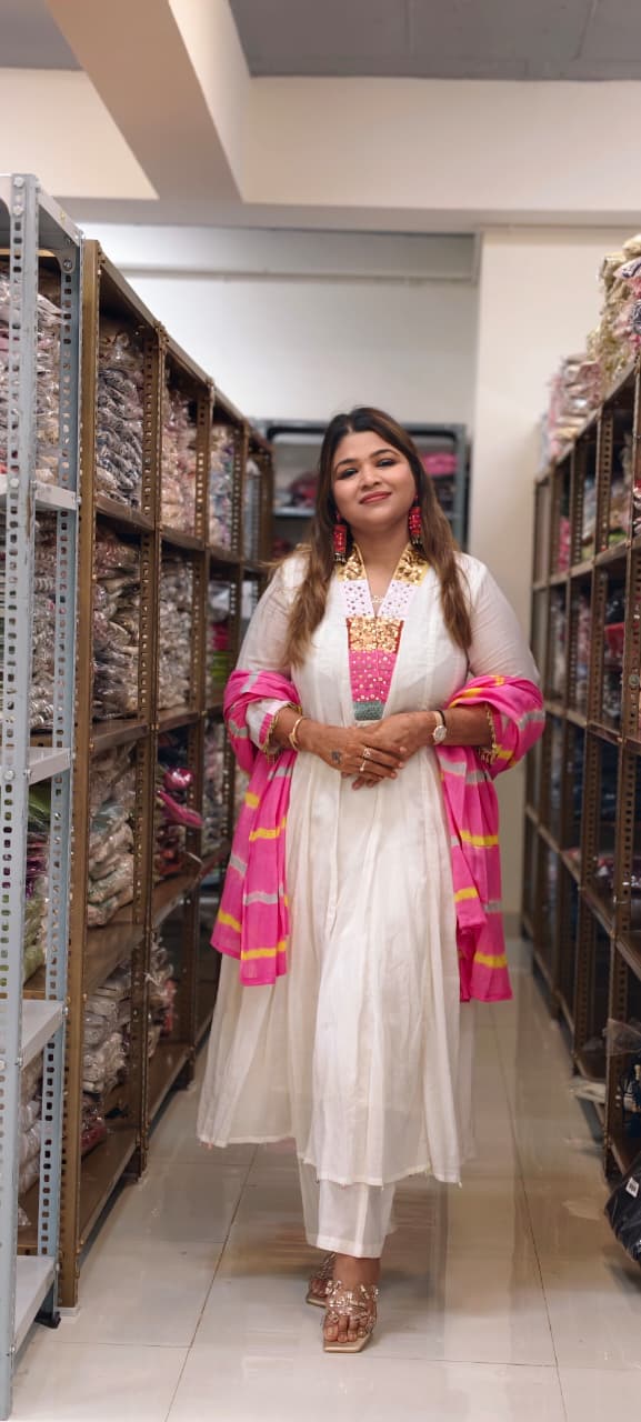 Classic Ivory White Multicolor Rajasthani Embellished V-Neck Mul-Cotton Anarkali Full Suit Set With Dupatta- 15315