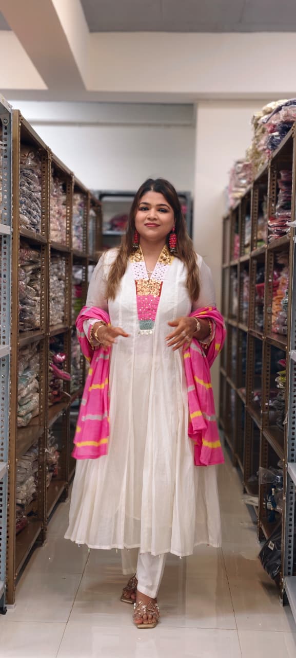 Classic Ivory White Multicolor Rajasthani Embellished V-Neck Mul-Cotton Anarkali Full Suit Set With Dupatta- 15315