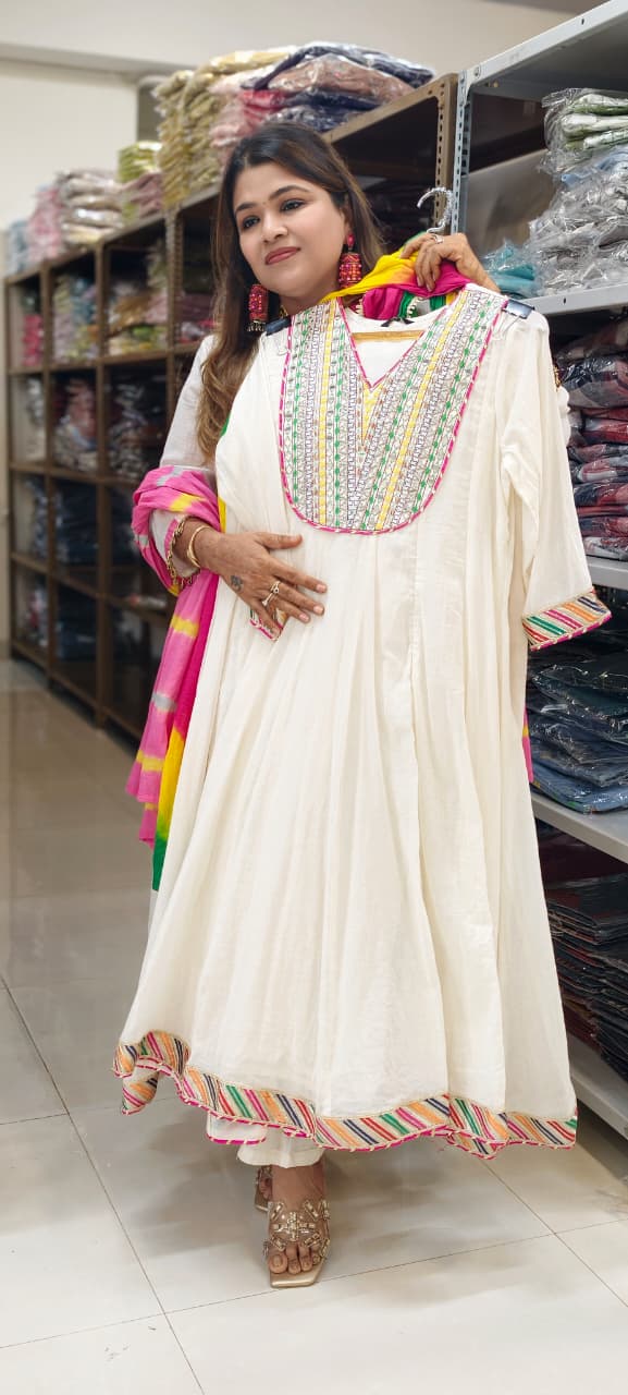 Classic Off-White Multicolor Yoke Mirror Work Ethnic Mul Cotton Panel Anarkali Full Suit Set With Dupatta- 15261