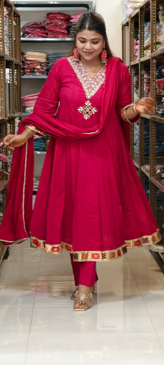 Vibrant Maroon Real Mirror V-Neck Embroidered Mul-Cotton Panel Anarkali Full Suit Set With Dupatta- 15324