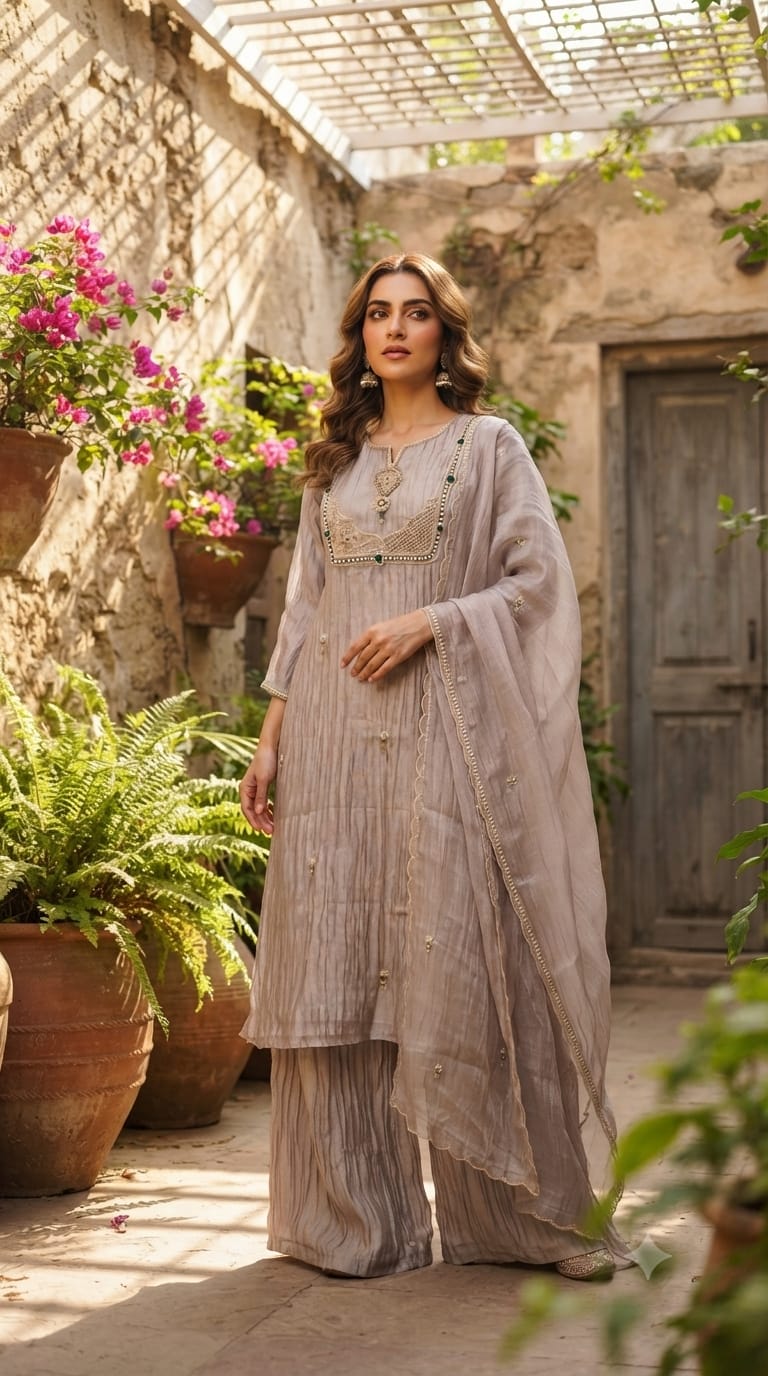 Champagne Shimmer Crushed Tissue Full Suit Set with Emerald Jewel & Pearl Zardozi Yoke- 15390