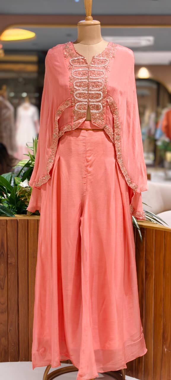 Elegant Cut-Dana Embroidered High-Low Outer Layered Top & Flared Palazzo Bottom In Chinon Fabric- 15366
